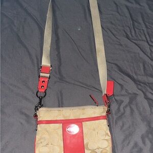 Coach Khaki Canvas Crossbody with Red Leather Trim